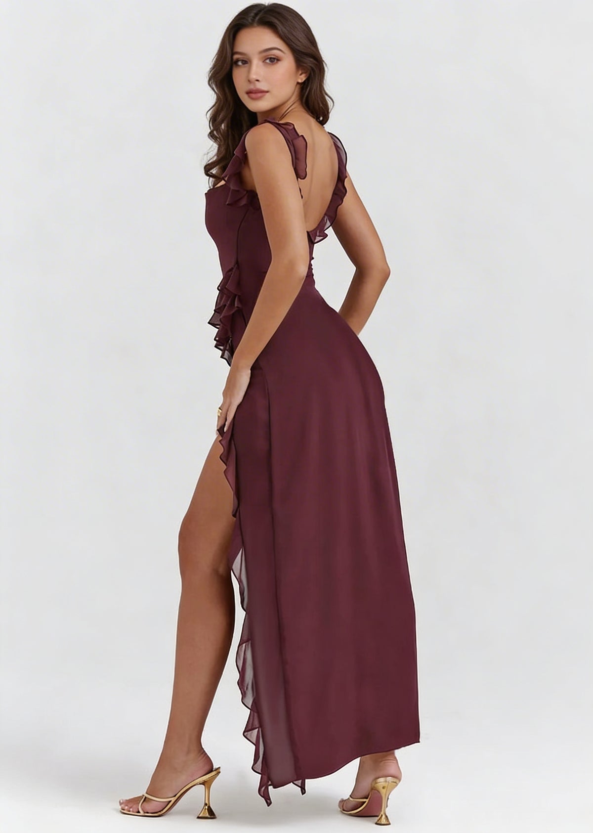 Asymmetrical Ruffle Evening Maxi Dress - High Slit Open Back | Valentina