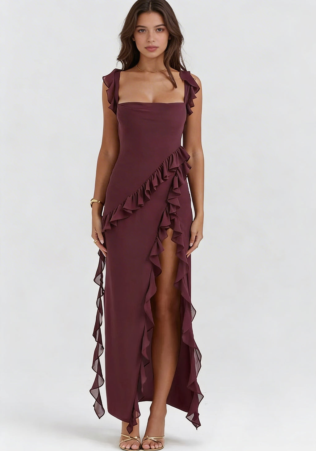 Asymmetrical Ruffle Evening Maxi Dress - High Slit Open Back | Valentina