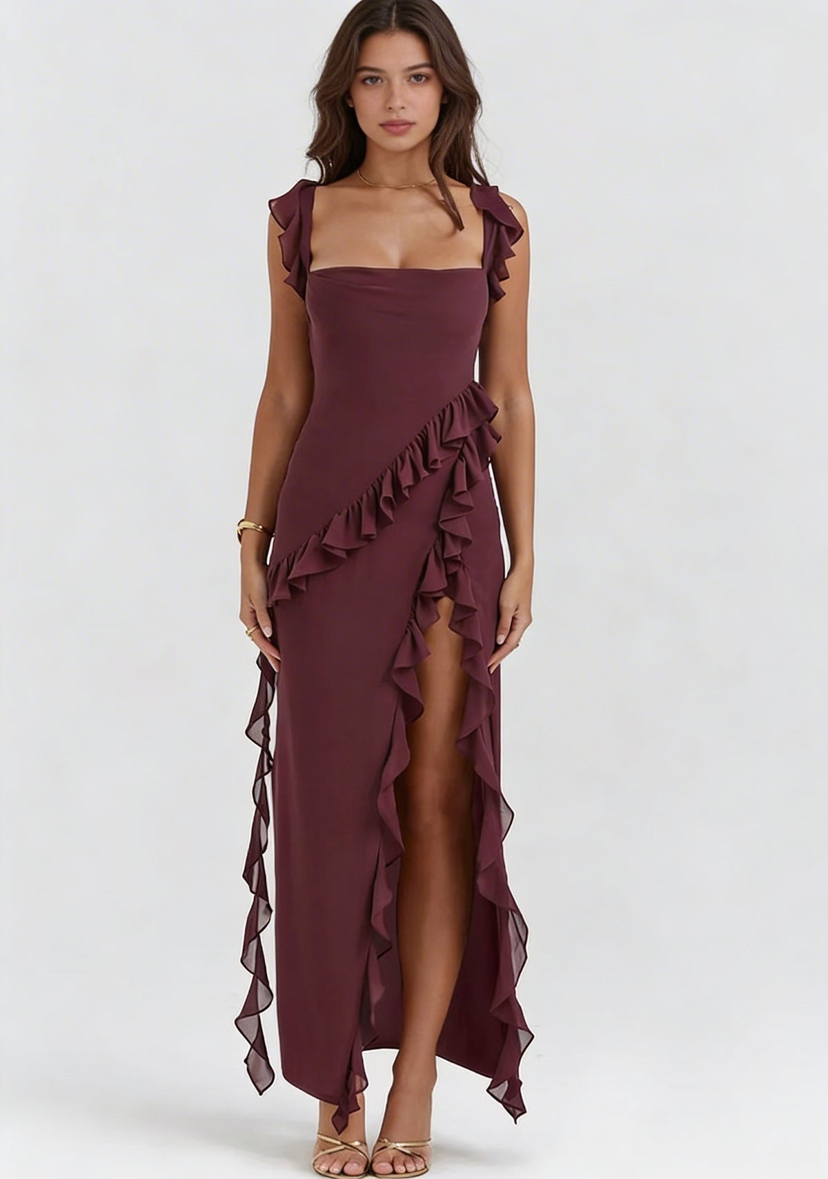 Asymmetrical Ruffle Evening Maxi Dress - High Slit Open Back | Valentina