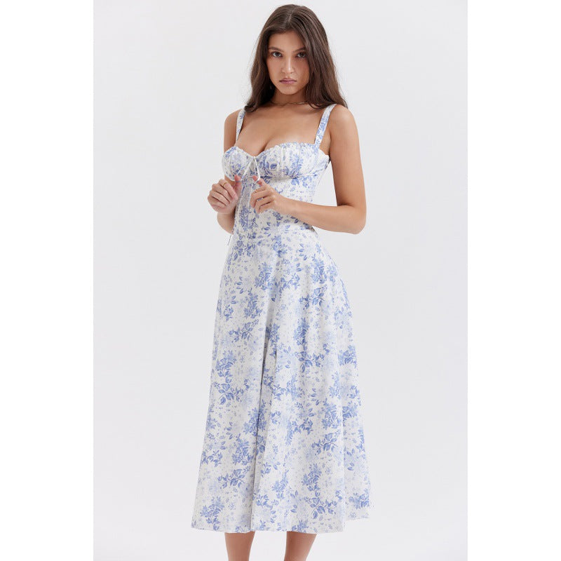 Floral Sweetheart Midi Dress - Tie Front Slit A-Line | Amélie