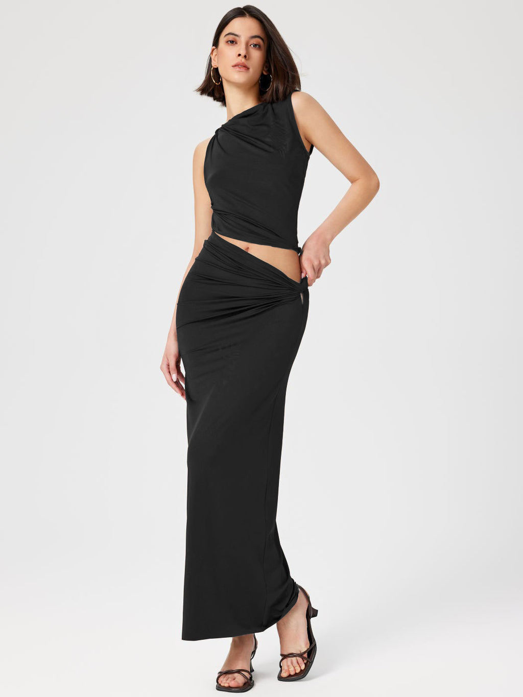 Elegant Cut-Out Ruched Maxi Dress - Sleeveless Asymmetrical Party Dress - Stella