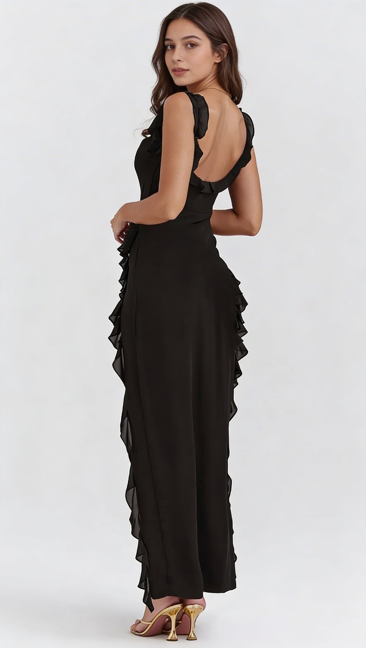 Asymmetrical Ruffle Evening Maxi Dress - High Slit Open Back | Valentina