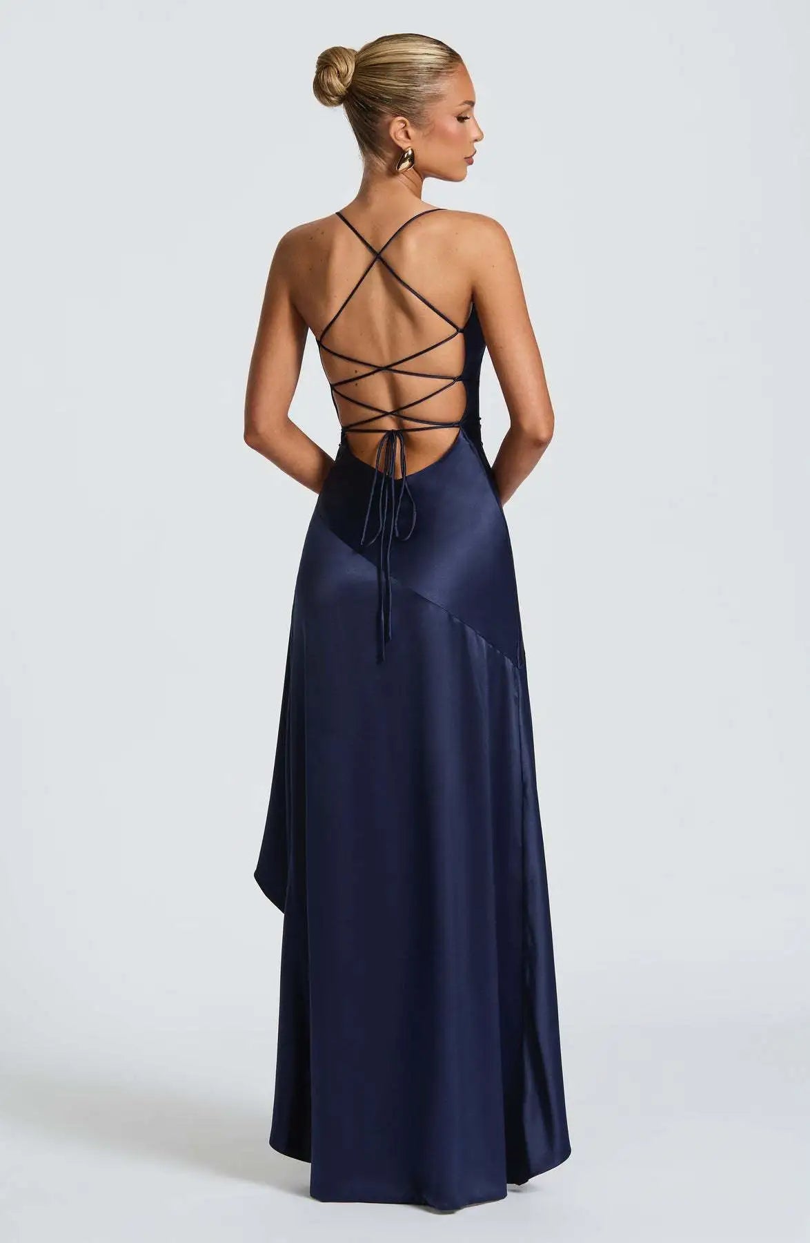 Satin Occasion Maxi Dress - Lace-Up Ruffle Slit | Léa