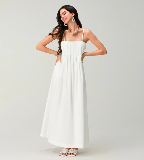 Elegant White Cotton Maxi Dress - Pleated Boho Summer Sundress - Juliette