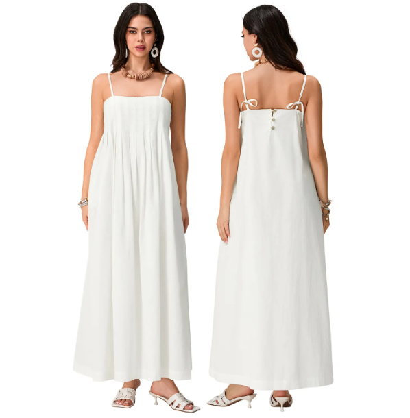 Elegant White Cotton Maxi Dress - Pleated Boho Summer Sundress - Juliette