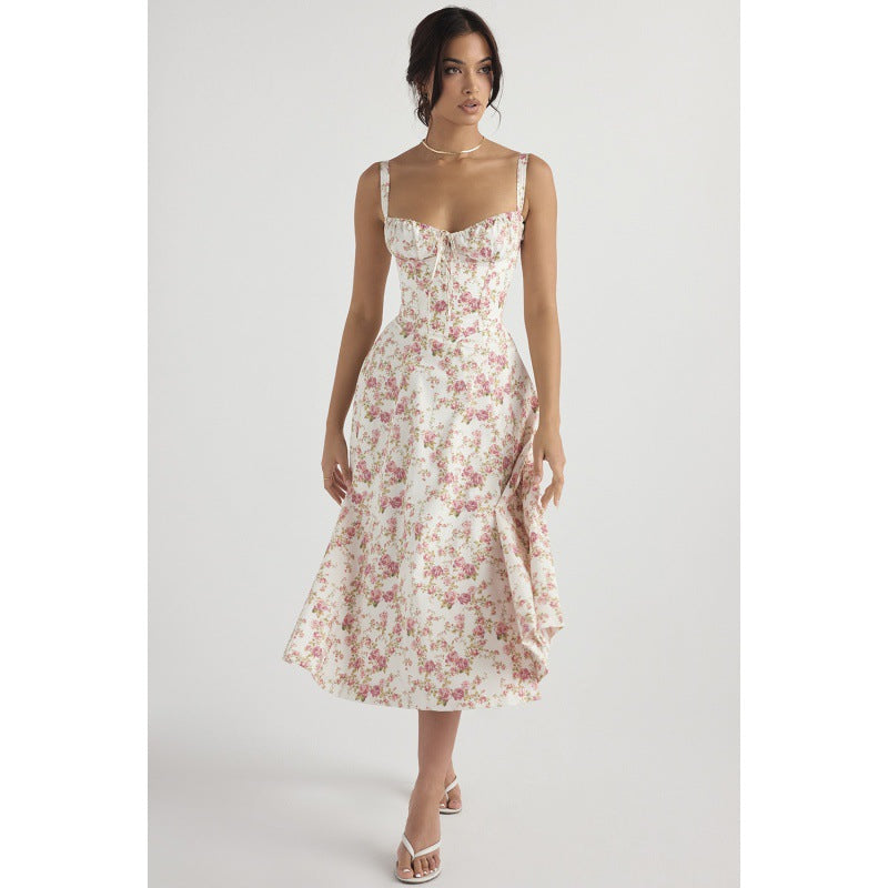 Floral Sweetheart Midi Dress - Tie Front Slit A-Line | Amélie