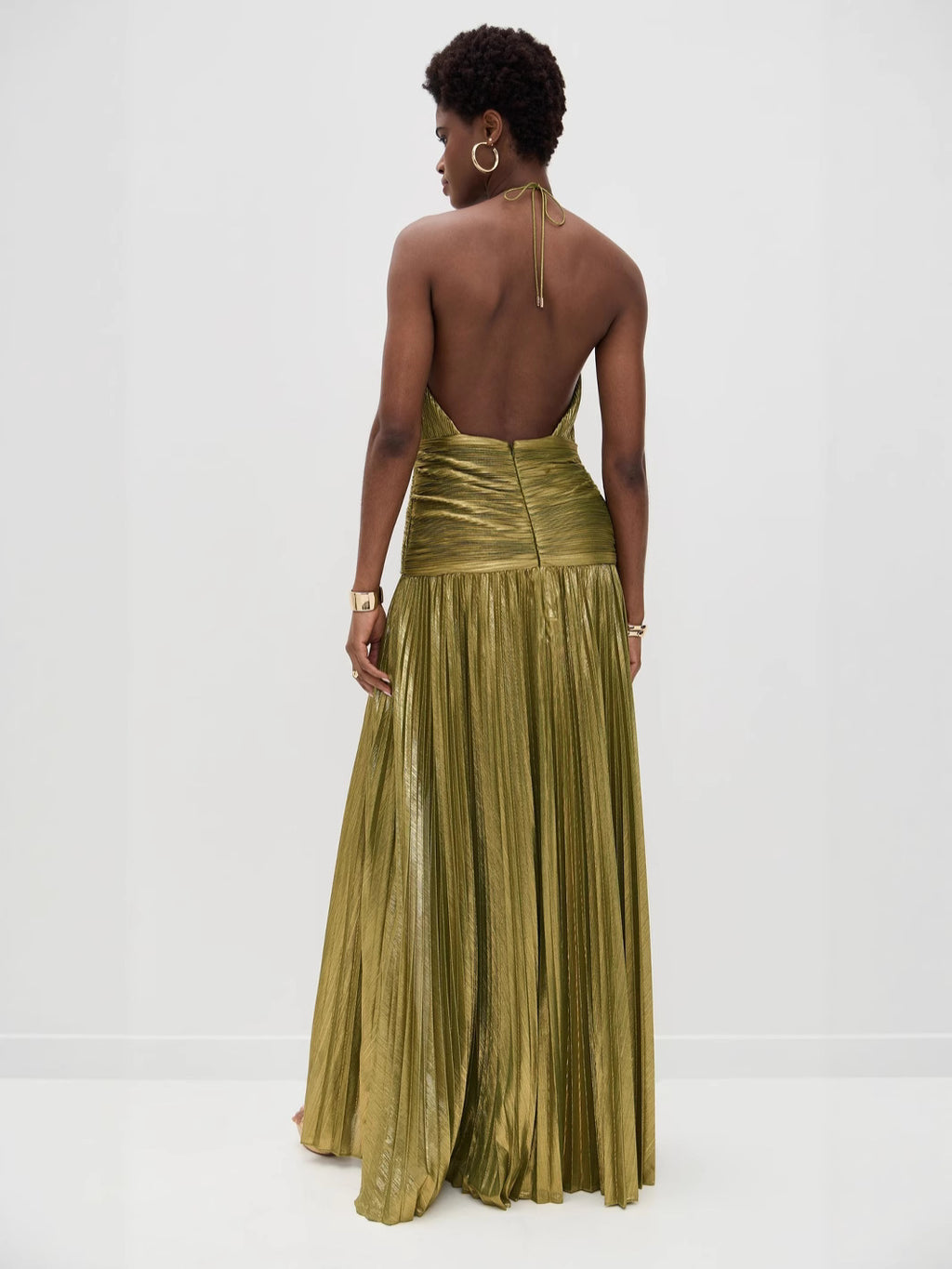 Metallic Halter Evening Gown - Pleated High Slit Maxi | Aurélia