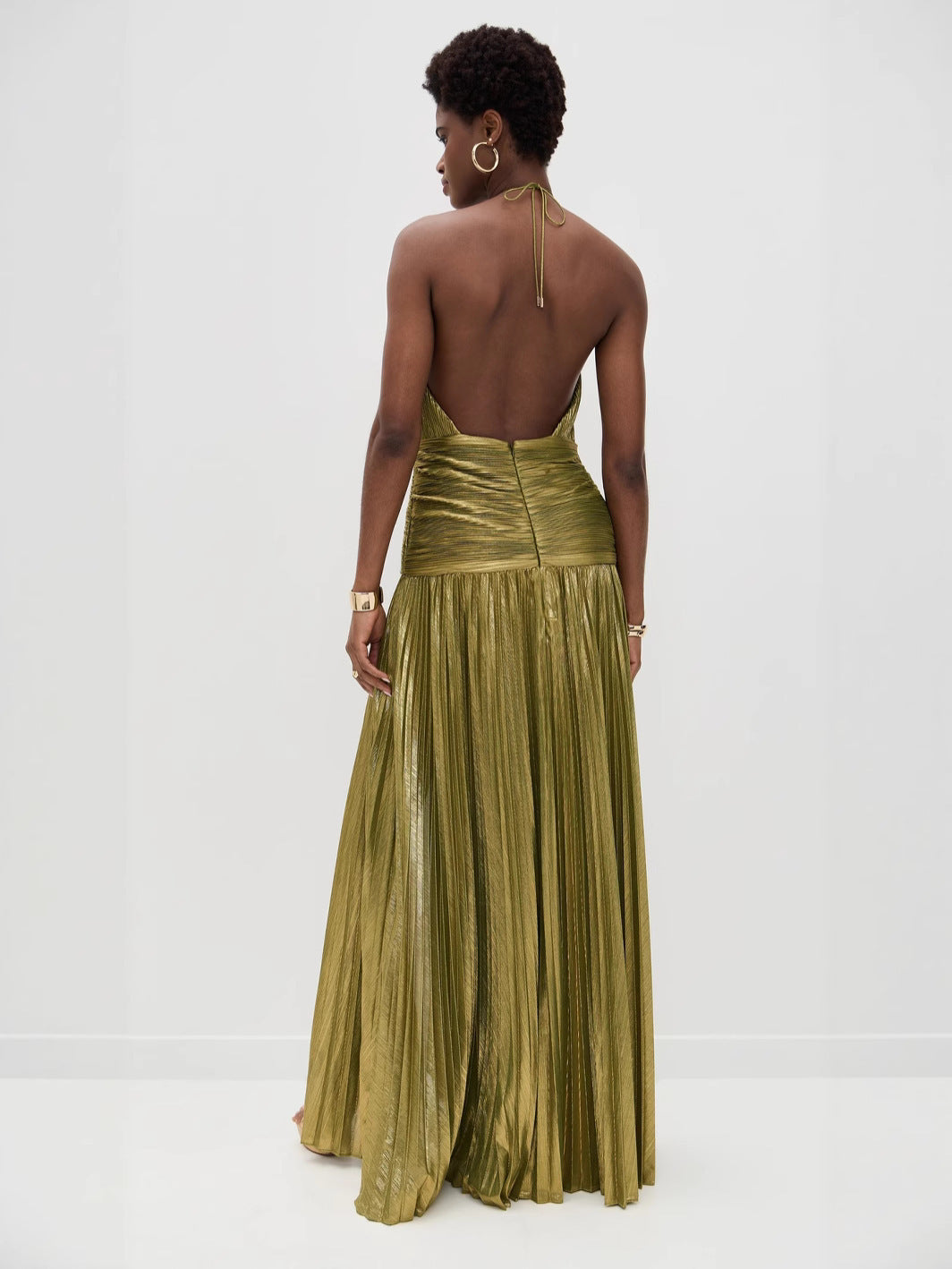Metallic Halter Evening Gown - Pleated High Slit Maxi | Aurélia