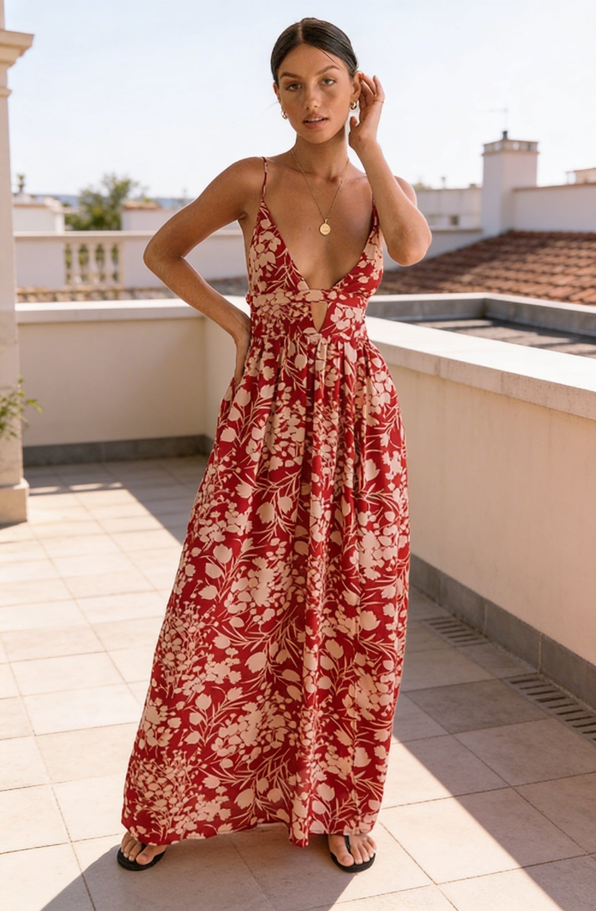 Floral Summer Holiday Maxi Dress - Open Tie-Back Slit - Red | Camille Maison Elor Floral Summer Holiday Maxi Dress - Open Tie-Back Slit - Red | Camille Maison Elor