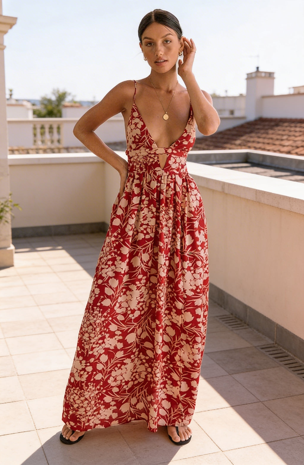 Floral Summer Holiday Maxi Dress - Open Tie-Back Slit - Red | Camille