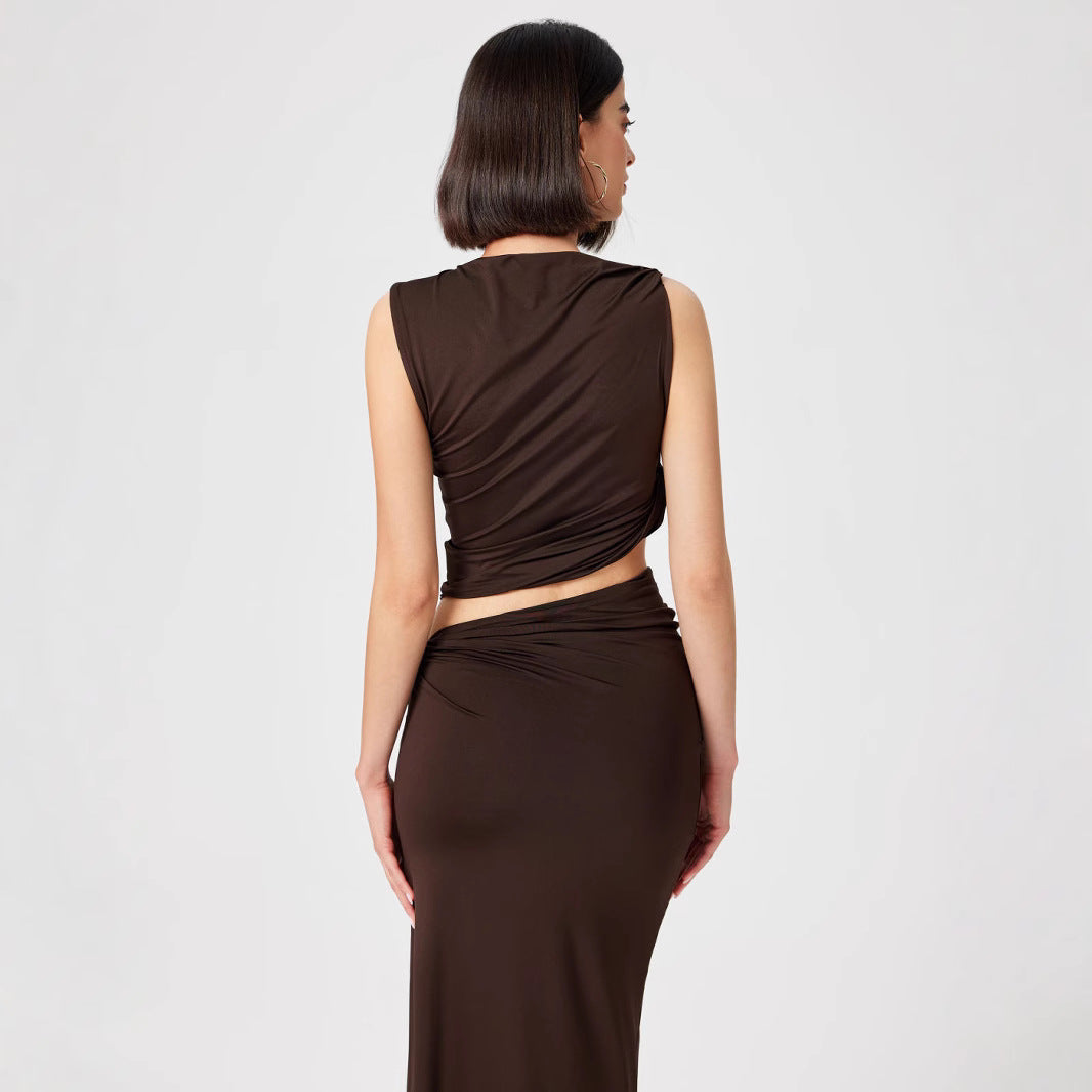 Elegant Cut-Out Ruched Maxi Dress - Sleeveless Asymmetrical Party Dress - Stella