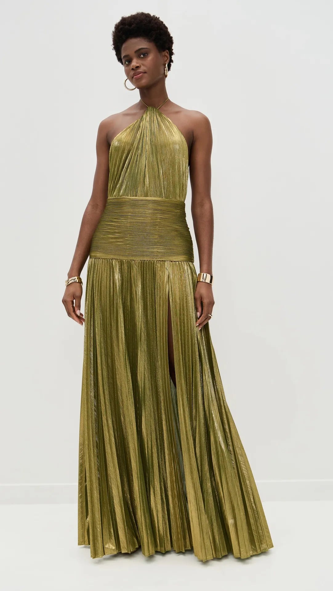 Metallic Halter Evening Gown - Pleated High Slit Maxi | Aurélia