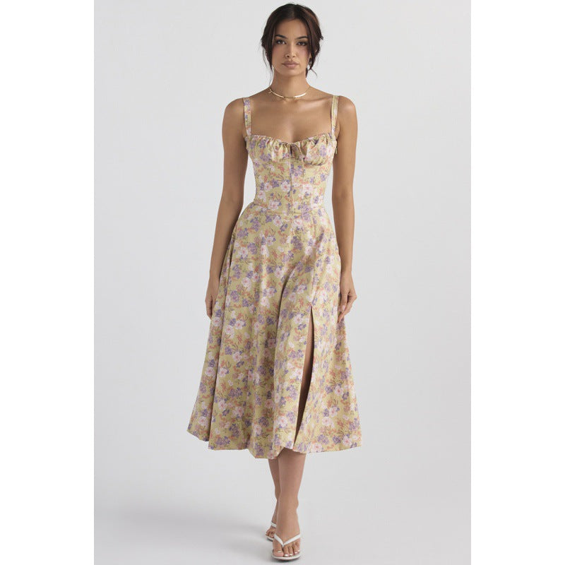 Floral Sweetheart Midi Dress - Tie Front Slit A-Line | Amélie