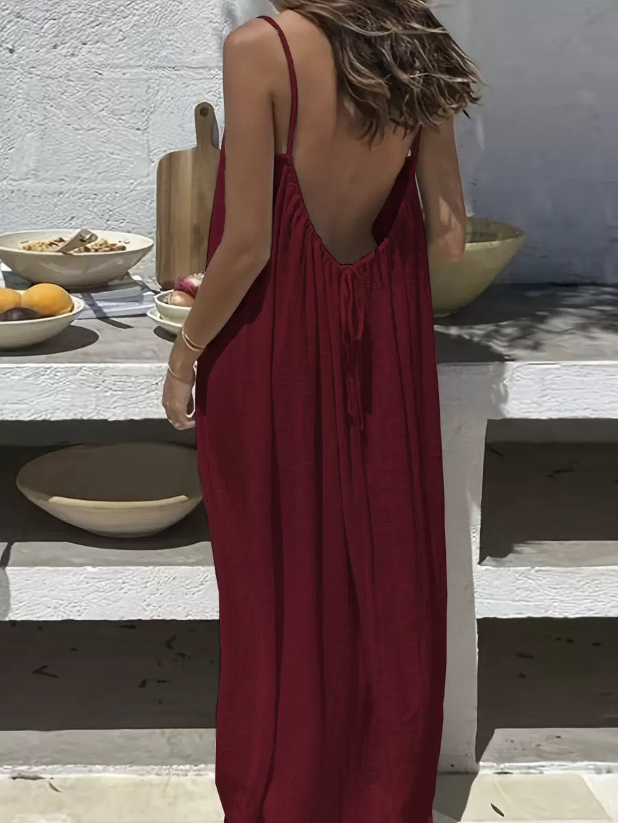 Relaxed Boho Backless Maxi Dress - Flowy Summer Slip Dress - Ambre