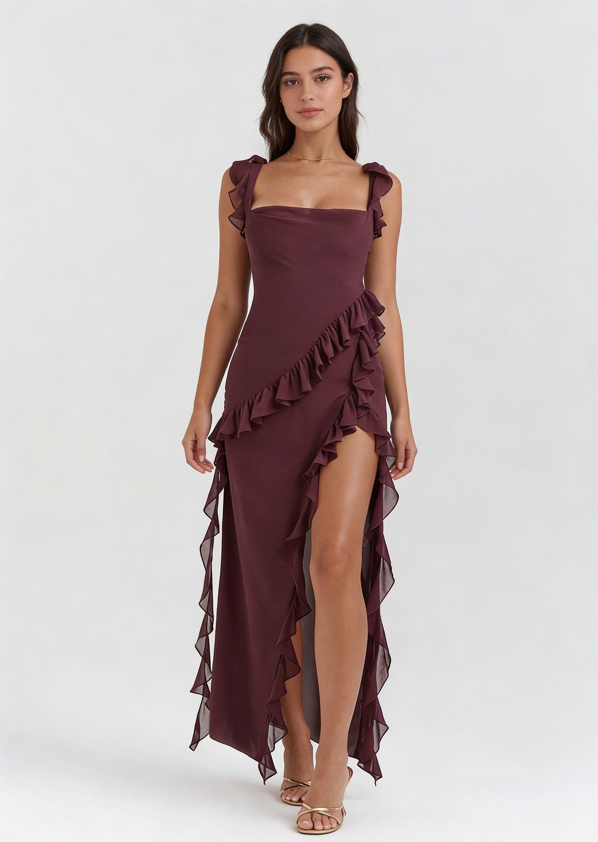 Asymmetrical Ruffle Evening Maxi Dress - High Slit Open Back | Valentina
