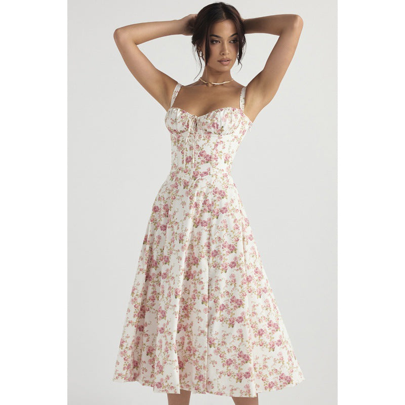 Floral Sweetheart Midi Dress - Tie Front Slit A-Line | Amélie