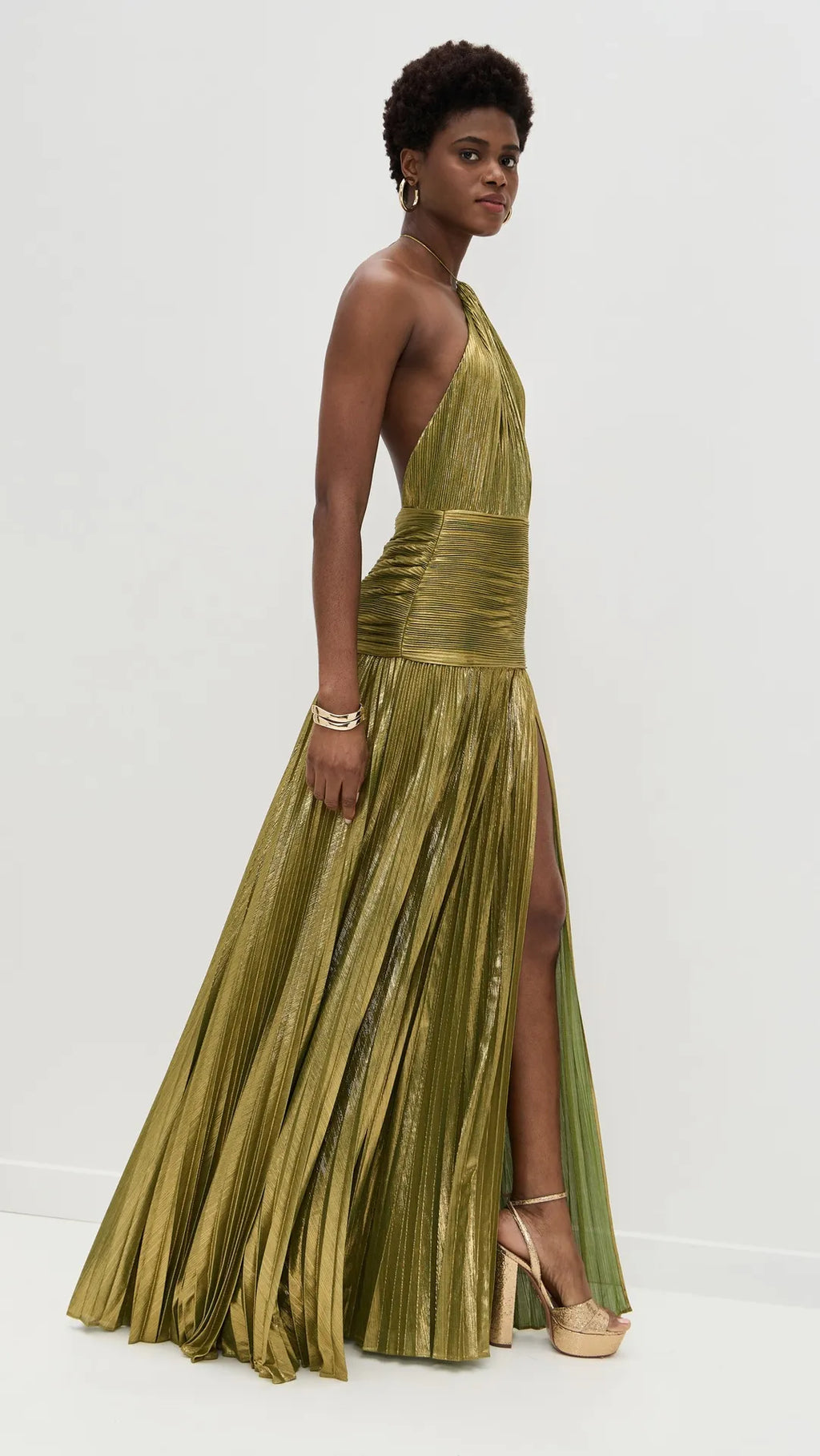 Metallic Halter Evening Gown - Pleated High Slit Maxi | Aurélia