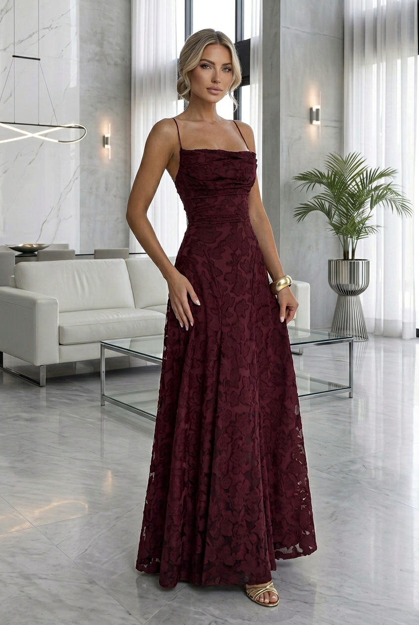 Textured Wedding Guest Gown - Cowl Neck Lace-Up Maxi | Capucine