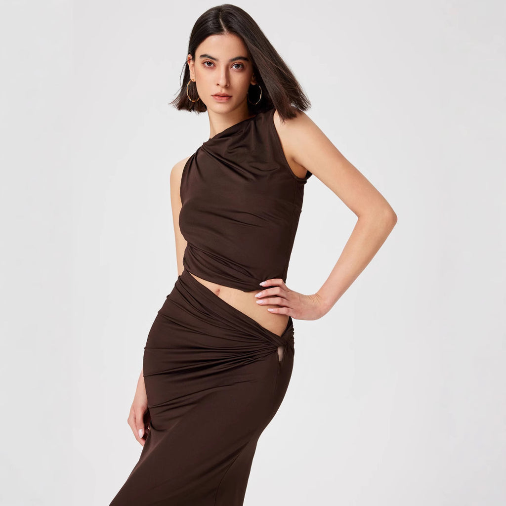 Elegant Cut-Out Ruched Maxi Dress - Sleeveless Asymmetrical Party Dress - Stella