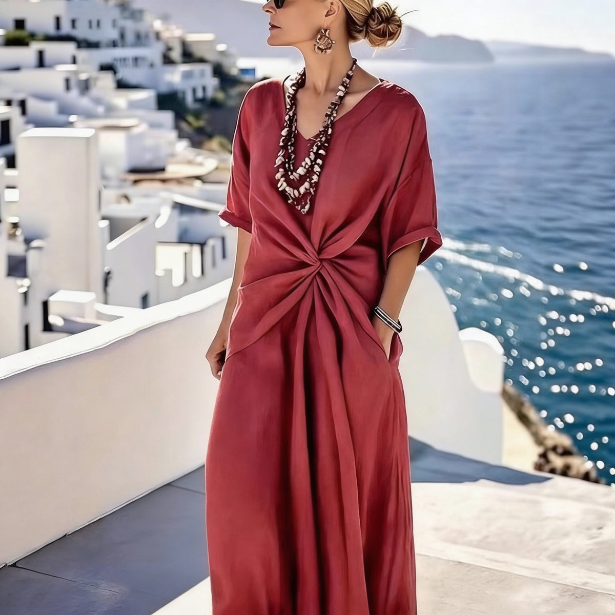 Elegant Twist Front Maxi Dress - V-Neck Boho Summer Holiday Red Dress - Apolline