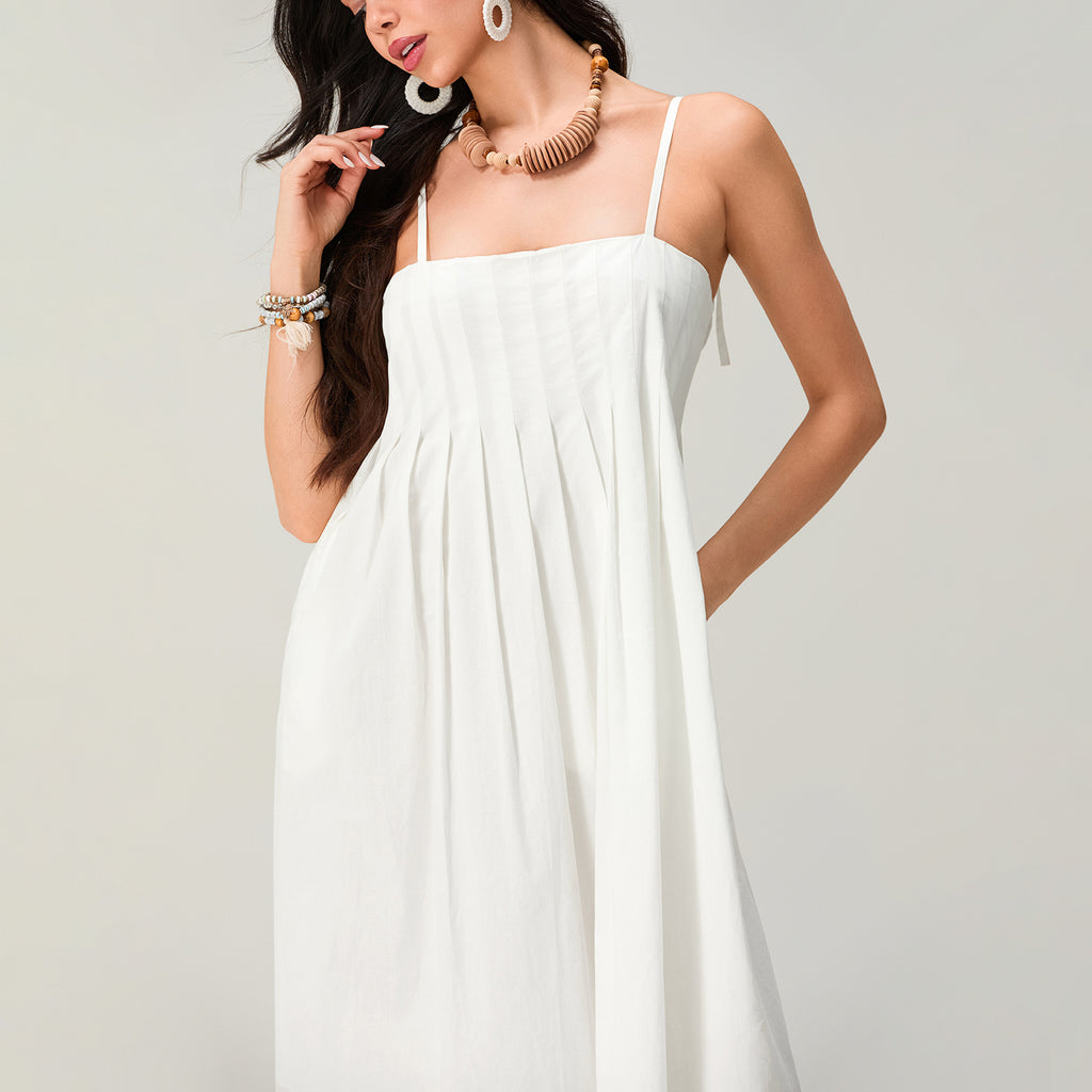 Elegant White Cotton Maxi Dress - Pleated Boho Summer Sundress - Juliette