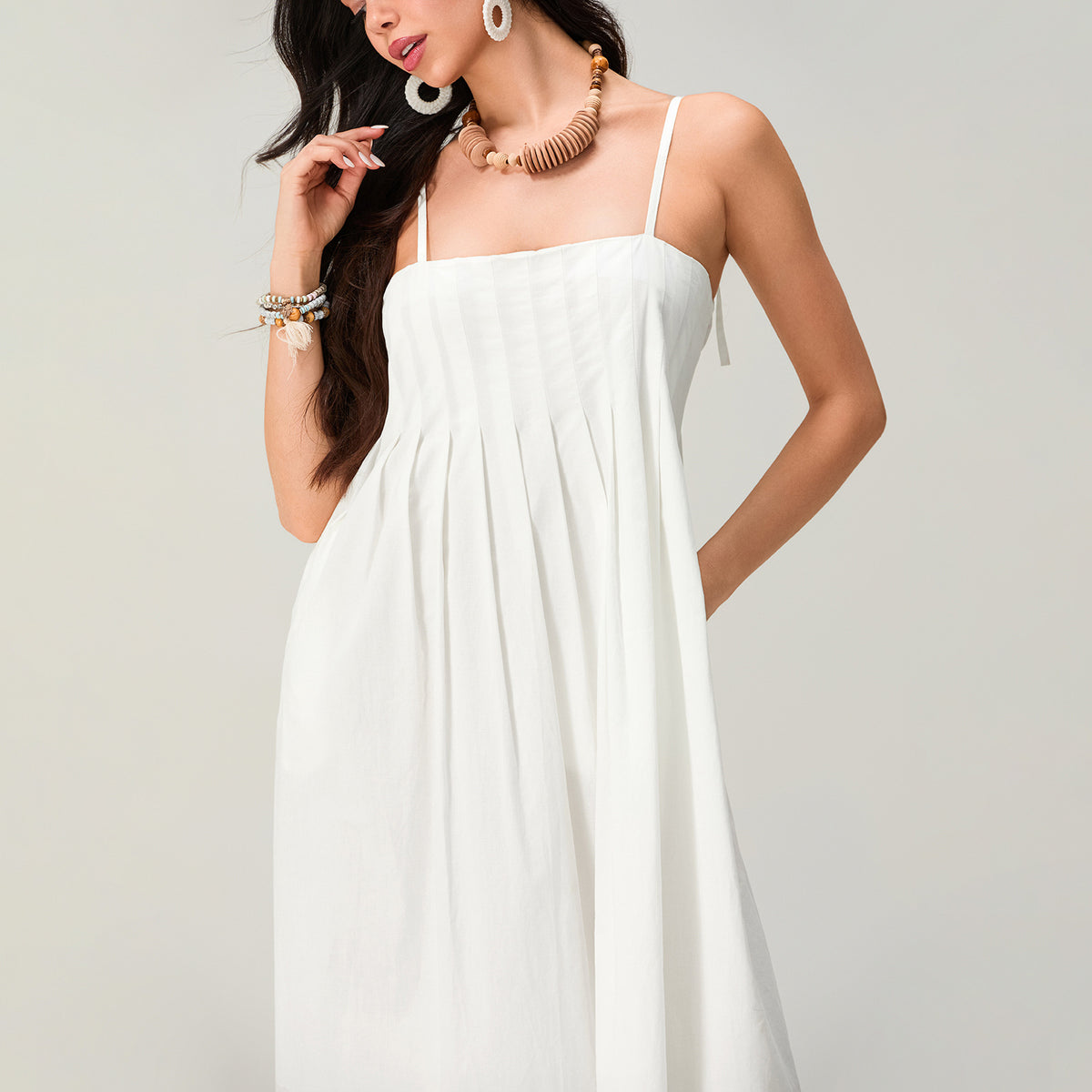 Elegant White Cotton Maxi Dress - Pleated Boho Summer Sundress - Juliette