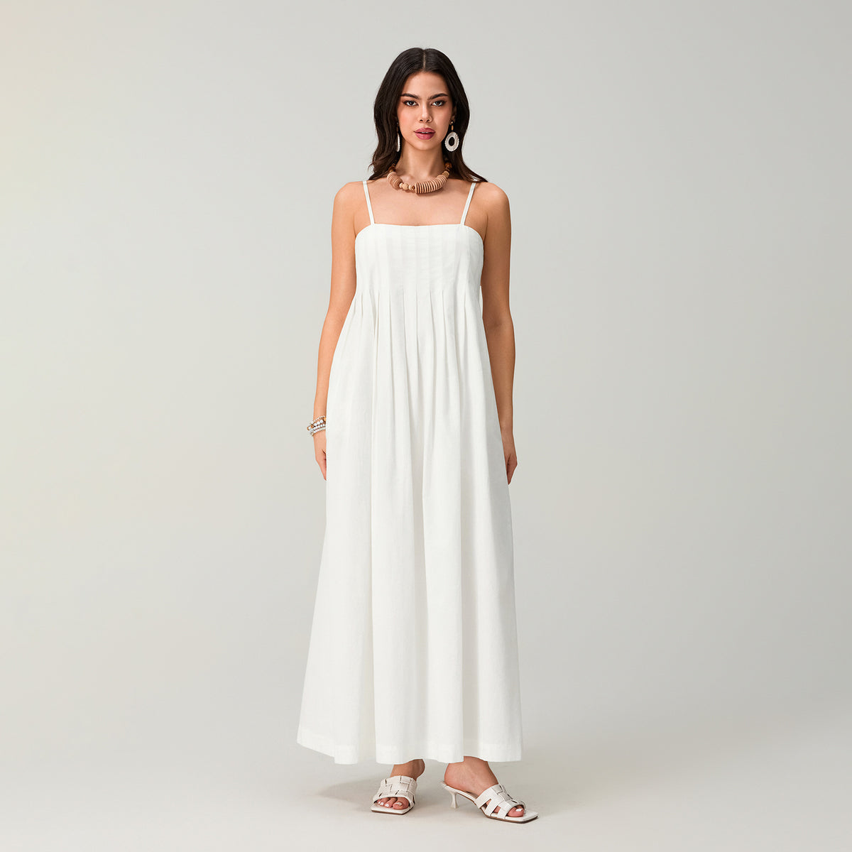 Elegant White Cotton Maxi Dress - Pleated Boho Summer Sundress 2 - Juliette