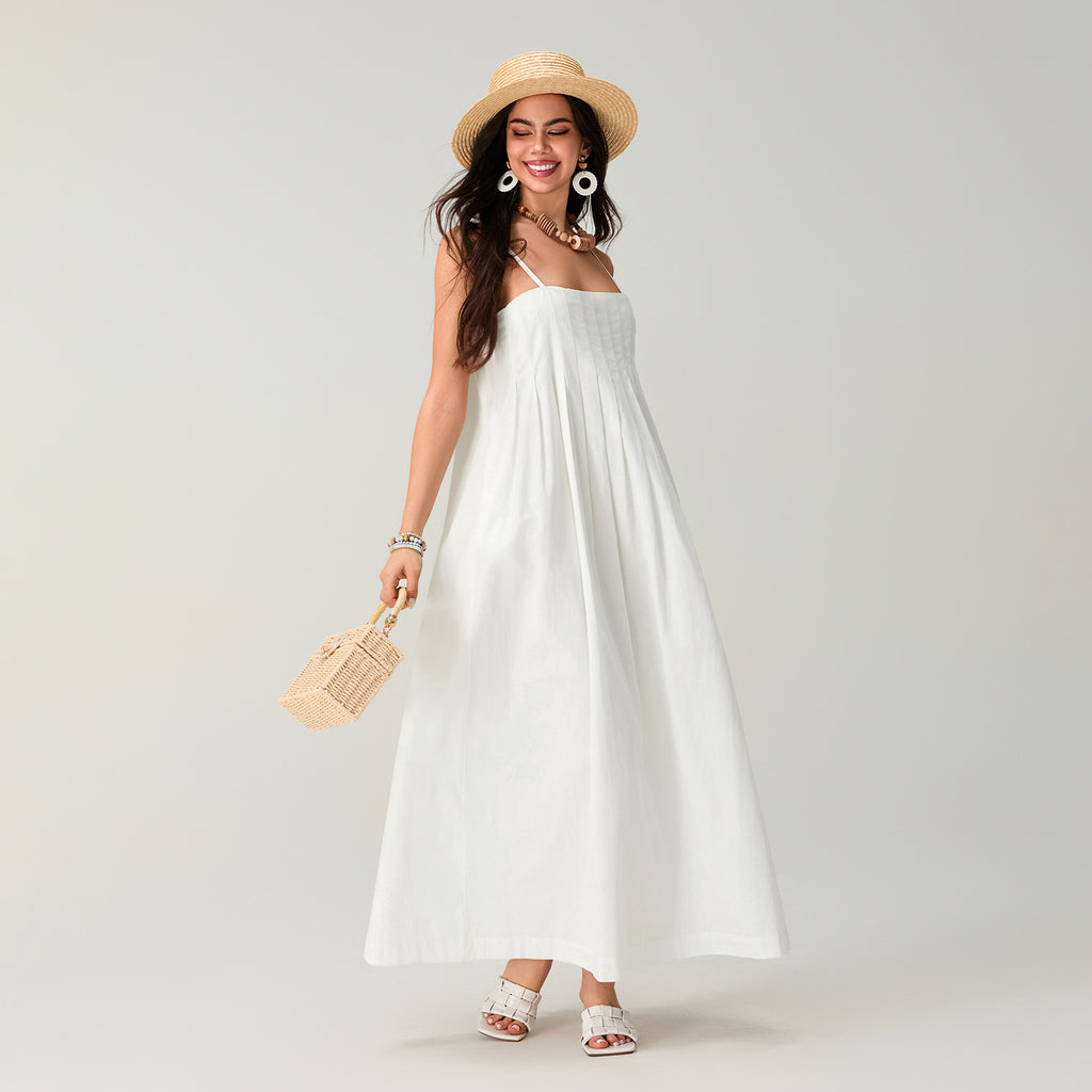 Elegant White Cotton Maxi Dress - Pleated Boho Summer Sundress