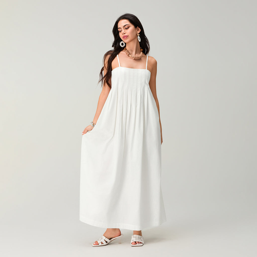Elegant White Cotton Maxi Dress - Pleated Boho Summer Sundress 4 - Juliette