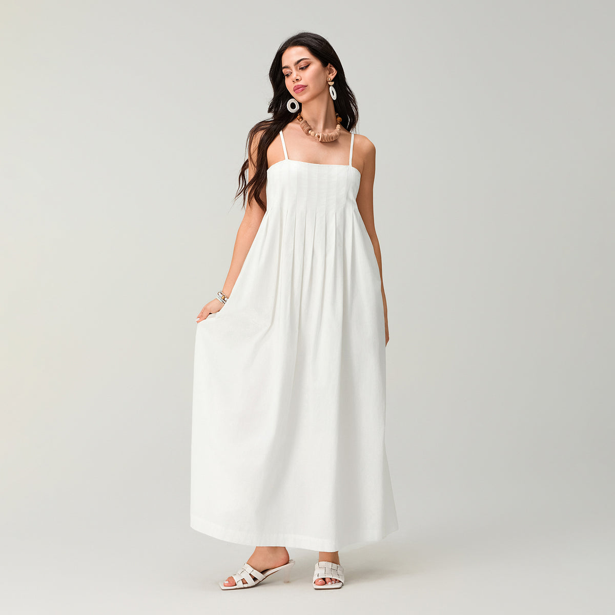 Elegant White Cotton Maxi Dress - Pleated Boho Summer Sundress 4 - Juliette