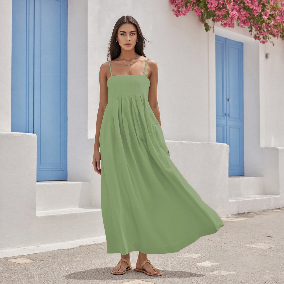 Elegant White Cotton Maxi Dress - Pleated Boho Summer Sundress