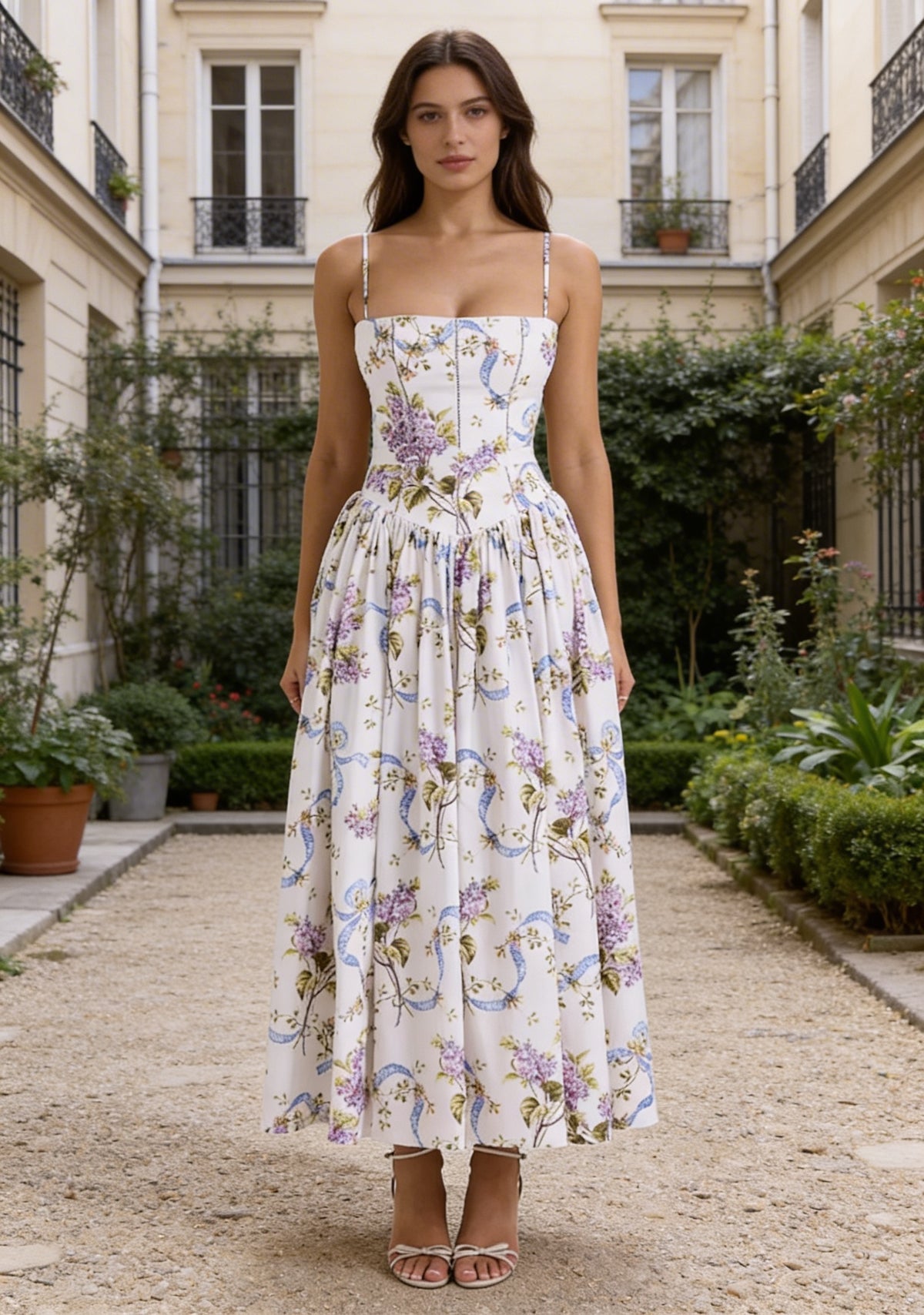 Floral Occasion Midi Dress - Basque Waist Corset - White/Lilac | Rosalie