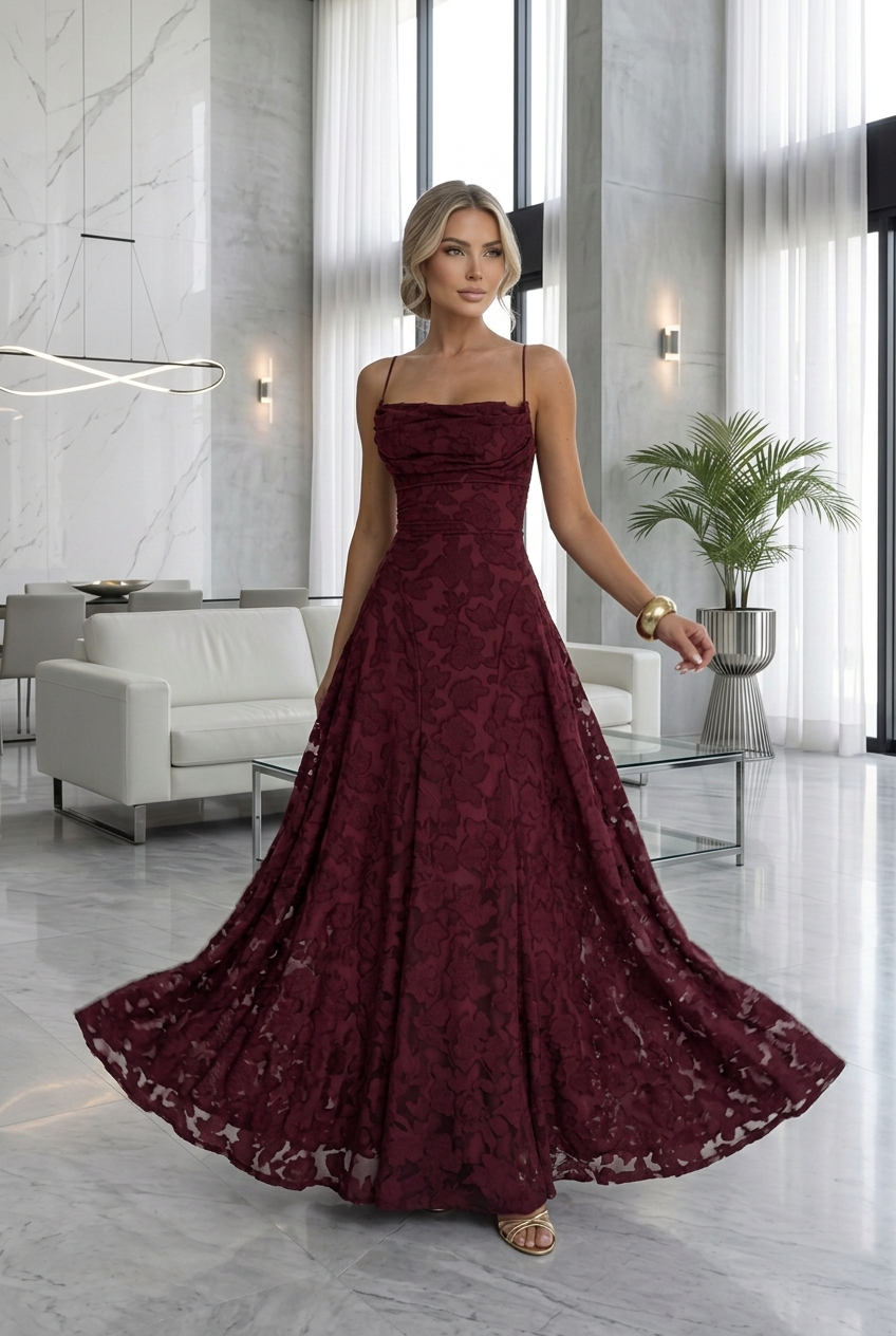 Textured Wedding Guest Gown - Cowl Neck Lace-Up Maxi | Capucine