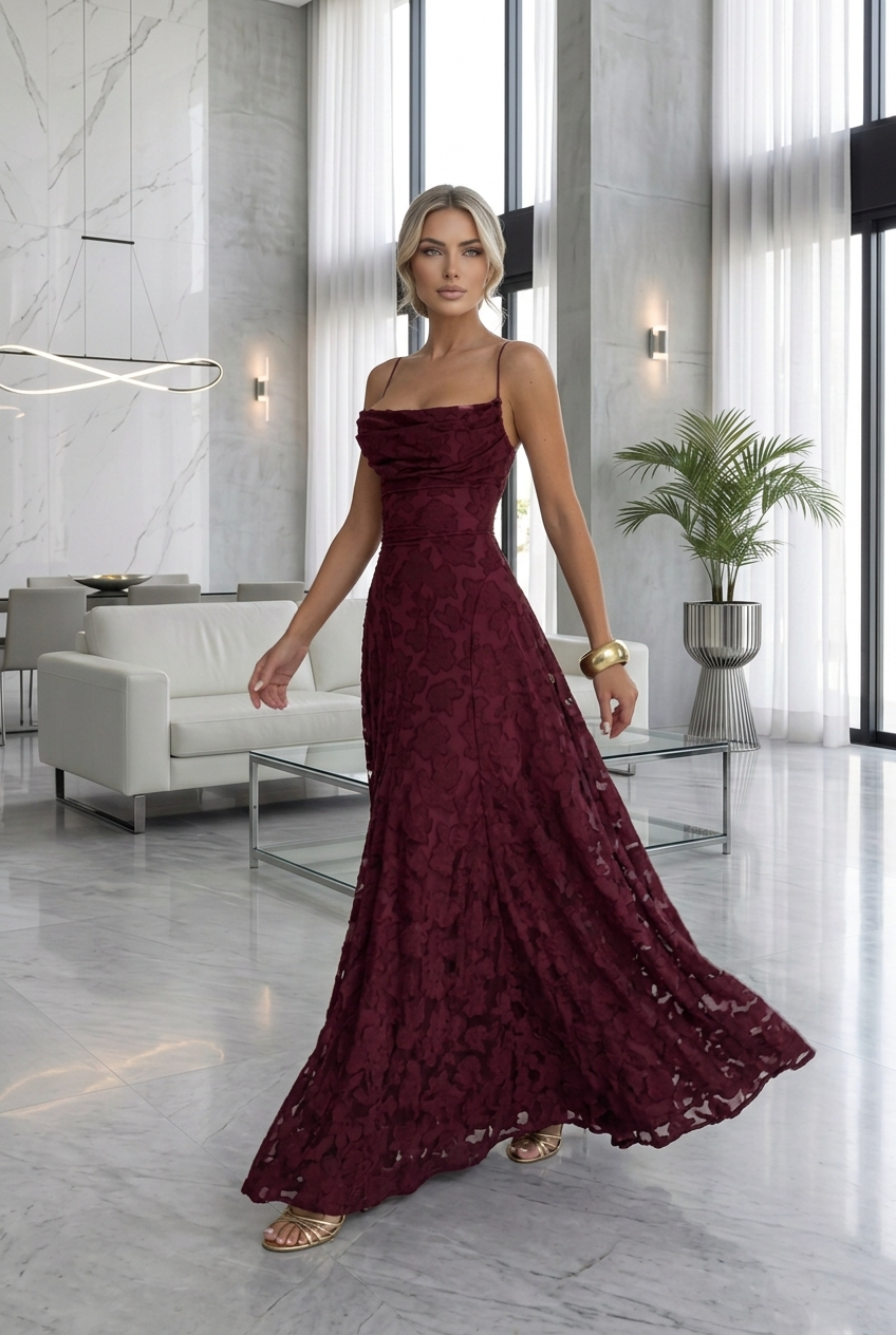 Textured Wedding Guest Gown - Cowl Neck Lace-Up Maxi | Capucine