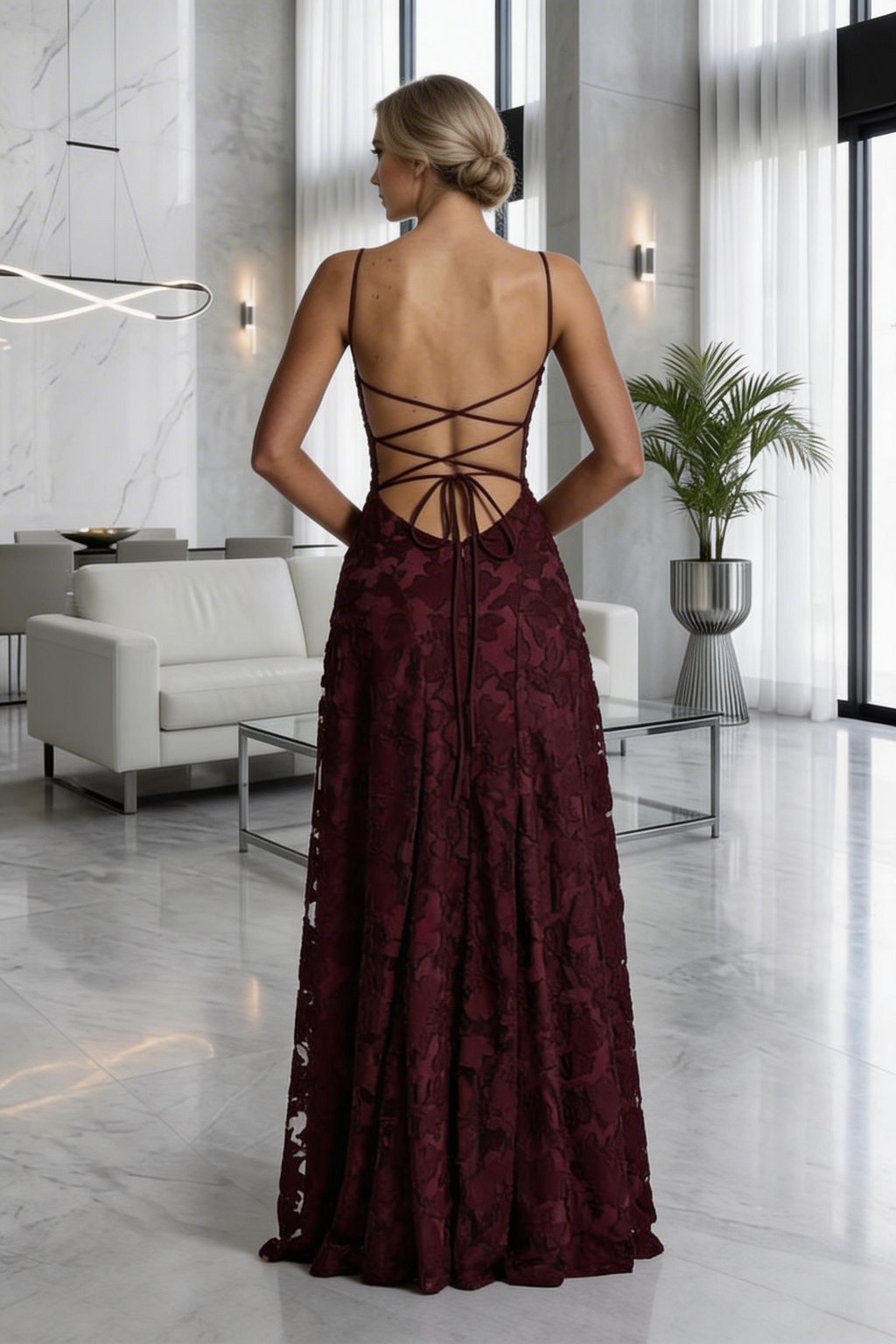 Textured Wedding Guest Gown - Cowl Neck Lace-Up Maxi | Capucine