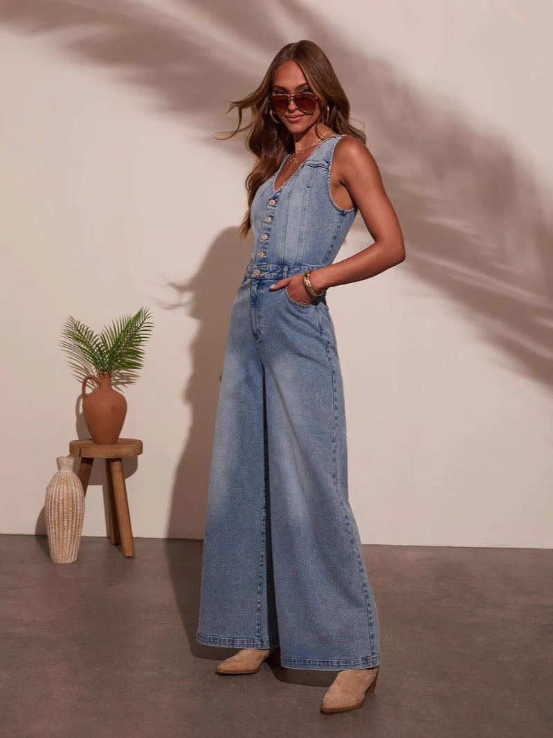 Sleeveless Denim Jumpsuit - Washed Blue | Stellia