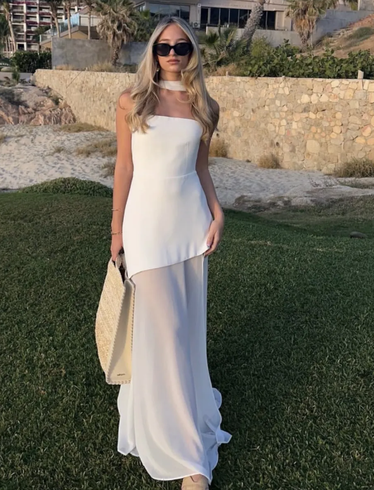 Strapless Asymmetrical Evening Maxi Dress - Sheer Overlay Slit | Amby