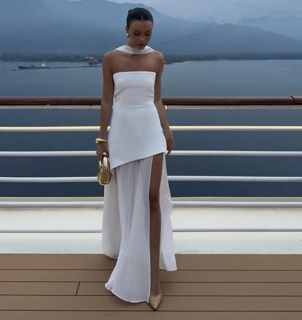 Strapless Asymmetrical Evening Maxi Dress - Sheer Overlay Slit | Amby