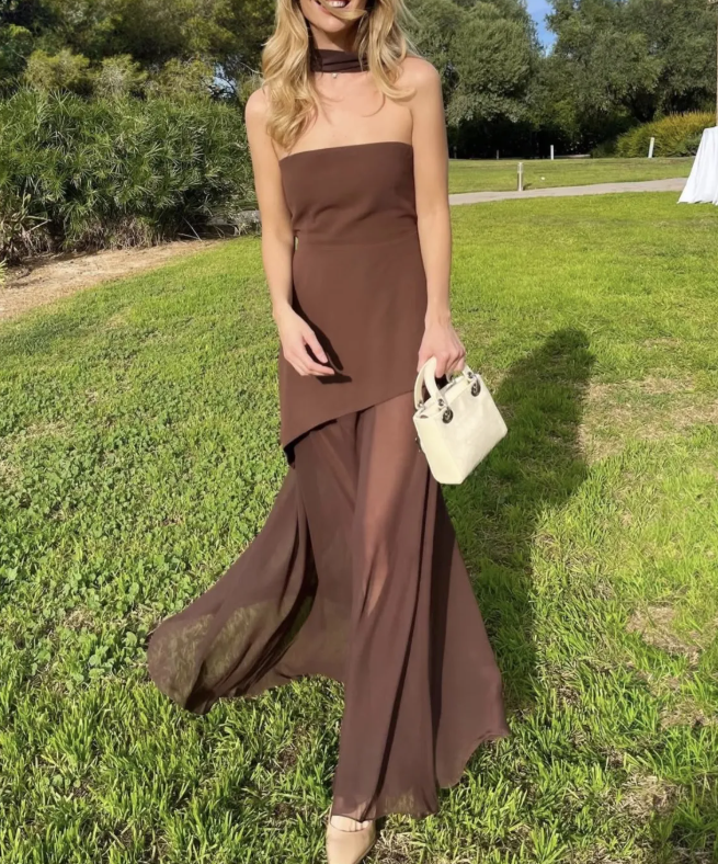 Strapless Asymmetrical Evening Maxi Dress - Sheer Overlay Slit | Amby