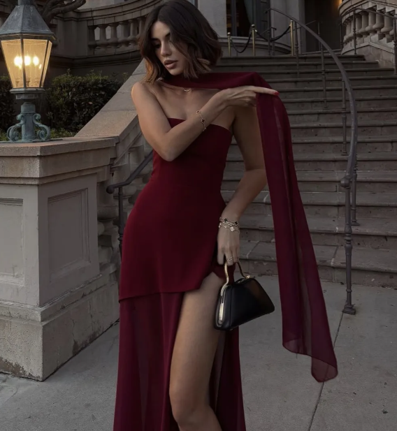 Strapless Asymmetrical Evening Maxi Dress - Sheer Overlay Slit | Amby