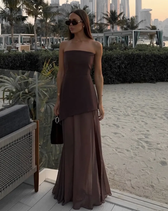 Strapless Asymmetrical Evening Maxi Dress - Sheer Overlay Slit | Amby