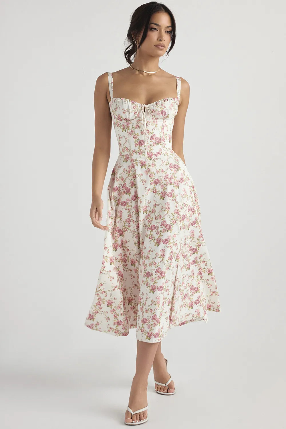 Floral Sweetheart Midi Dress - Tie Front Slit A-Line | Amélie