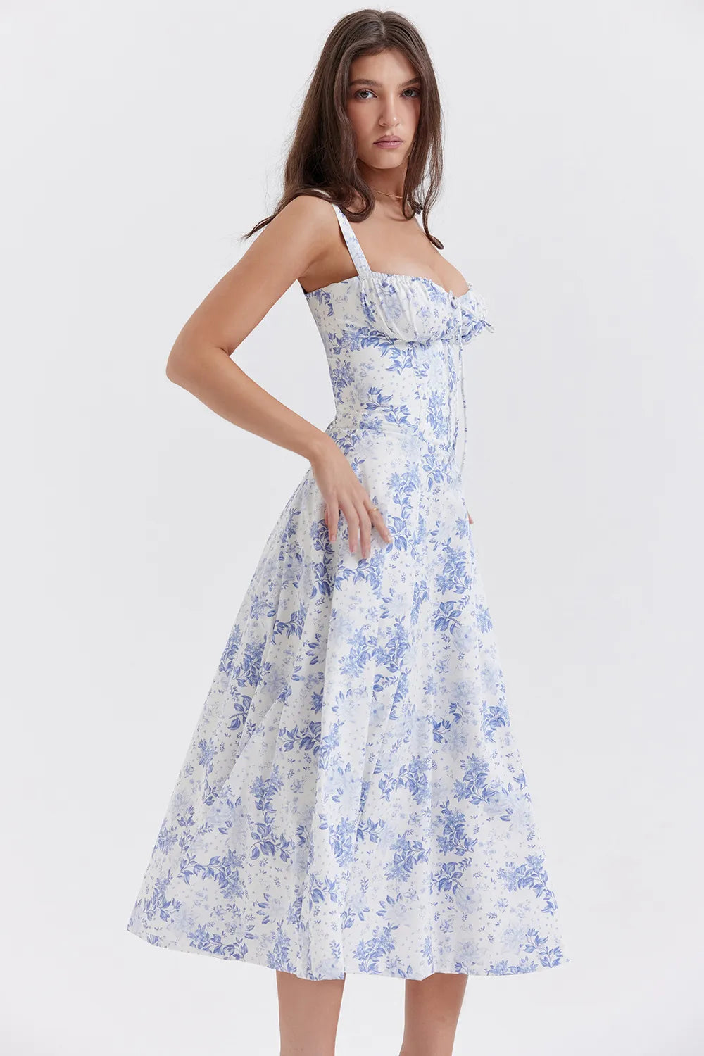 Floral Sweetheart Midi Dress - Tie Front Slit A-Line | Amélie