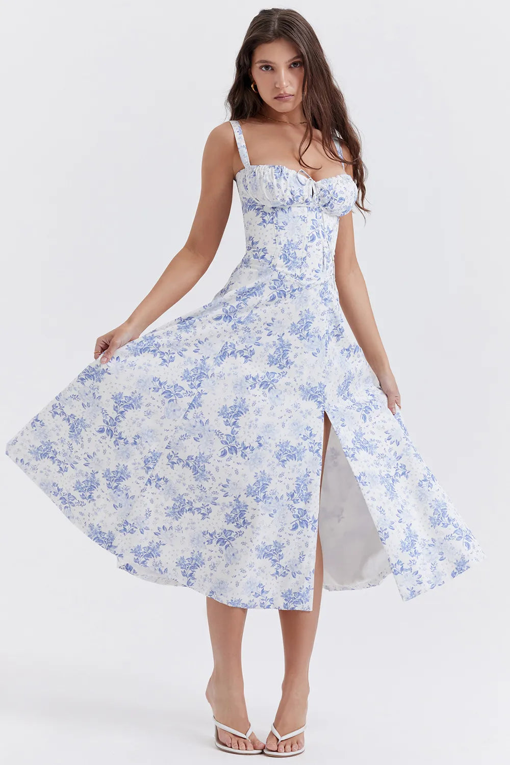 Floral Sweetheart Midi Dress - Tie Front Slit A-Line | Amélie
