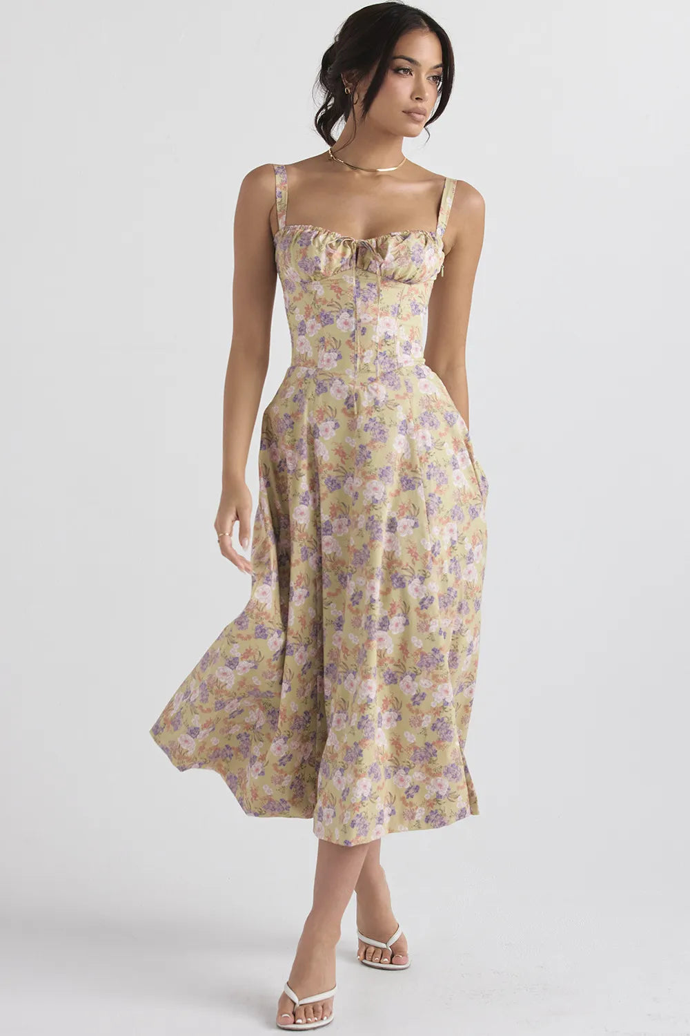 Floral Sweetheart Midi Dress - Tie Front Slit A-Line | Amélie