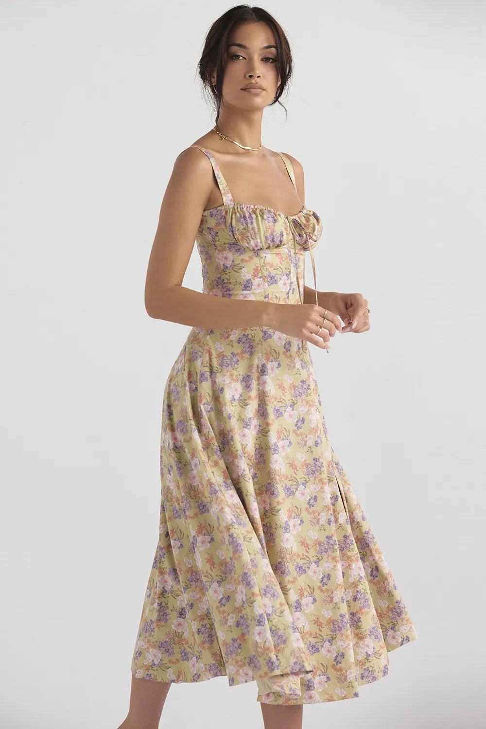Floral Sweetheart Midi Dress - Tie Front Slit A-Line | Amélie
