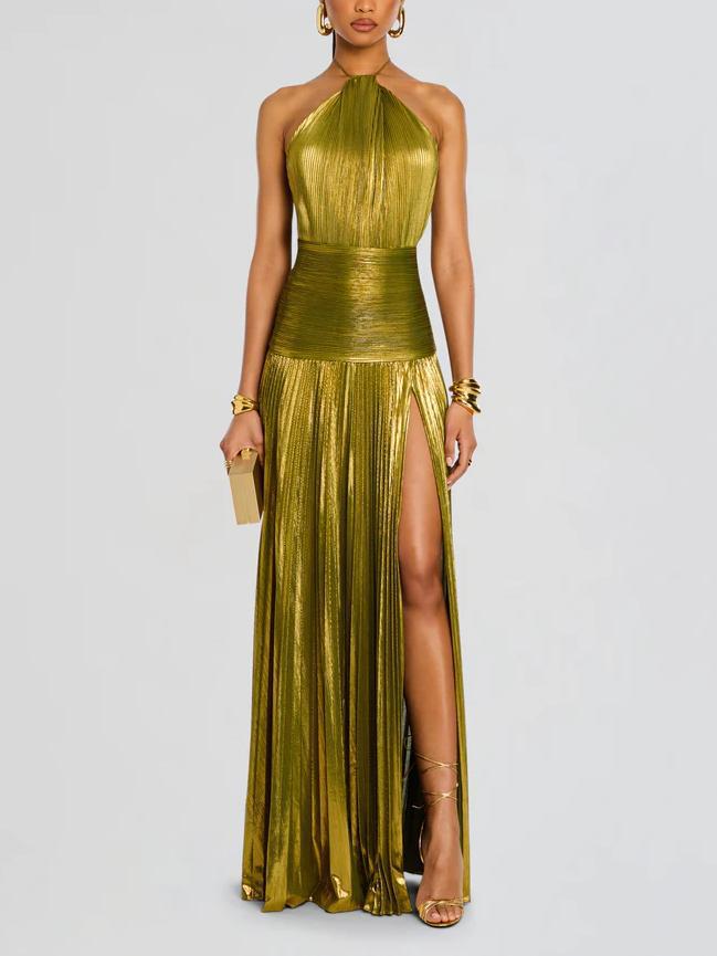 Metallic Halter Evening Gown - Pleated High Slit Maxi | Aurélia