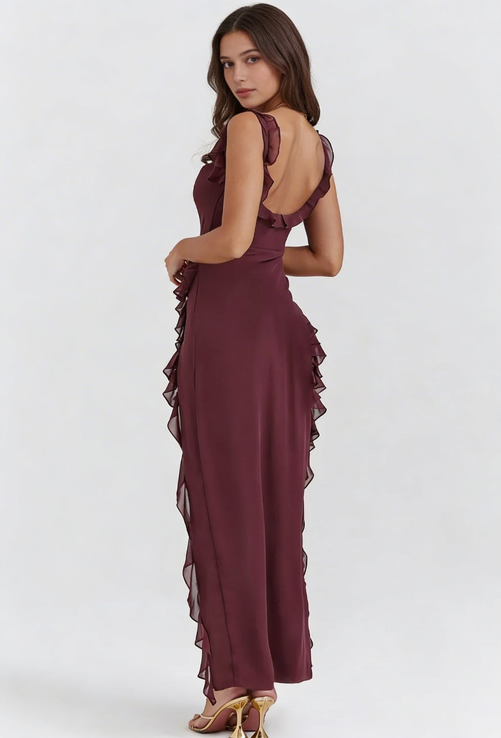 Asymmetrical Ruffle Evening Maxi Dress - High Slit Open Back | Valentina