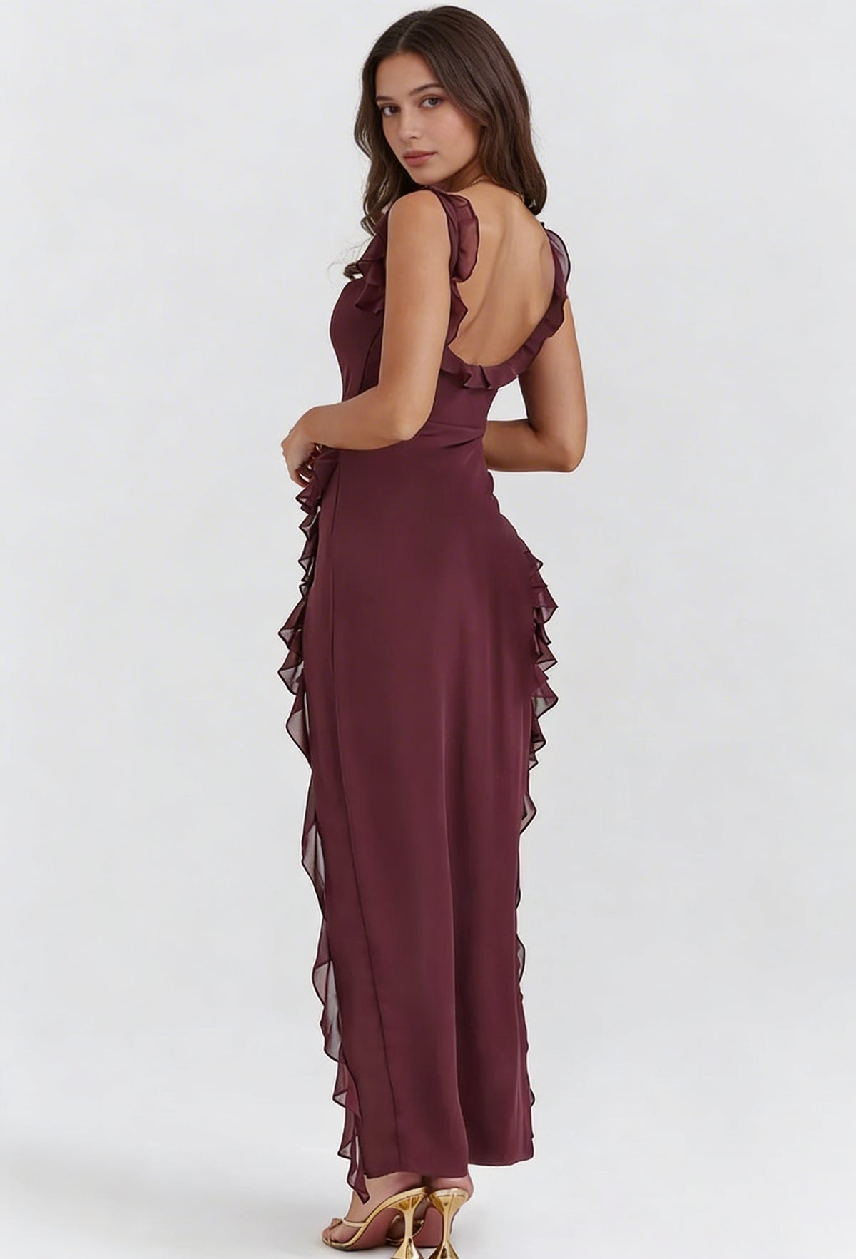 Asymmetrical Ruffle Evening Maxi Dress - High Slit Open Back | Valentina