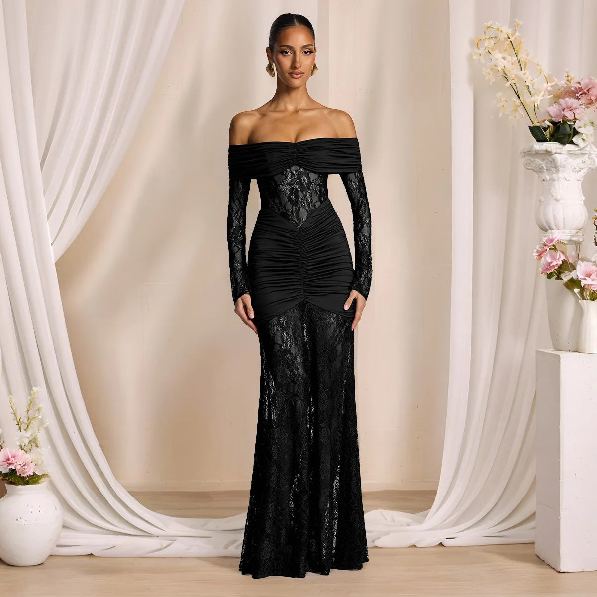 Off The Shoulder Ruched Lace Maxi Dress - Long Sleeve Evening Gown | Bridget